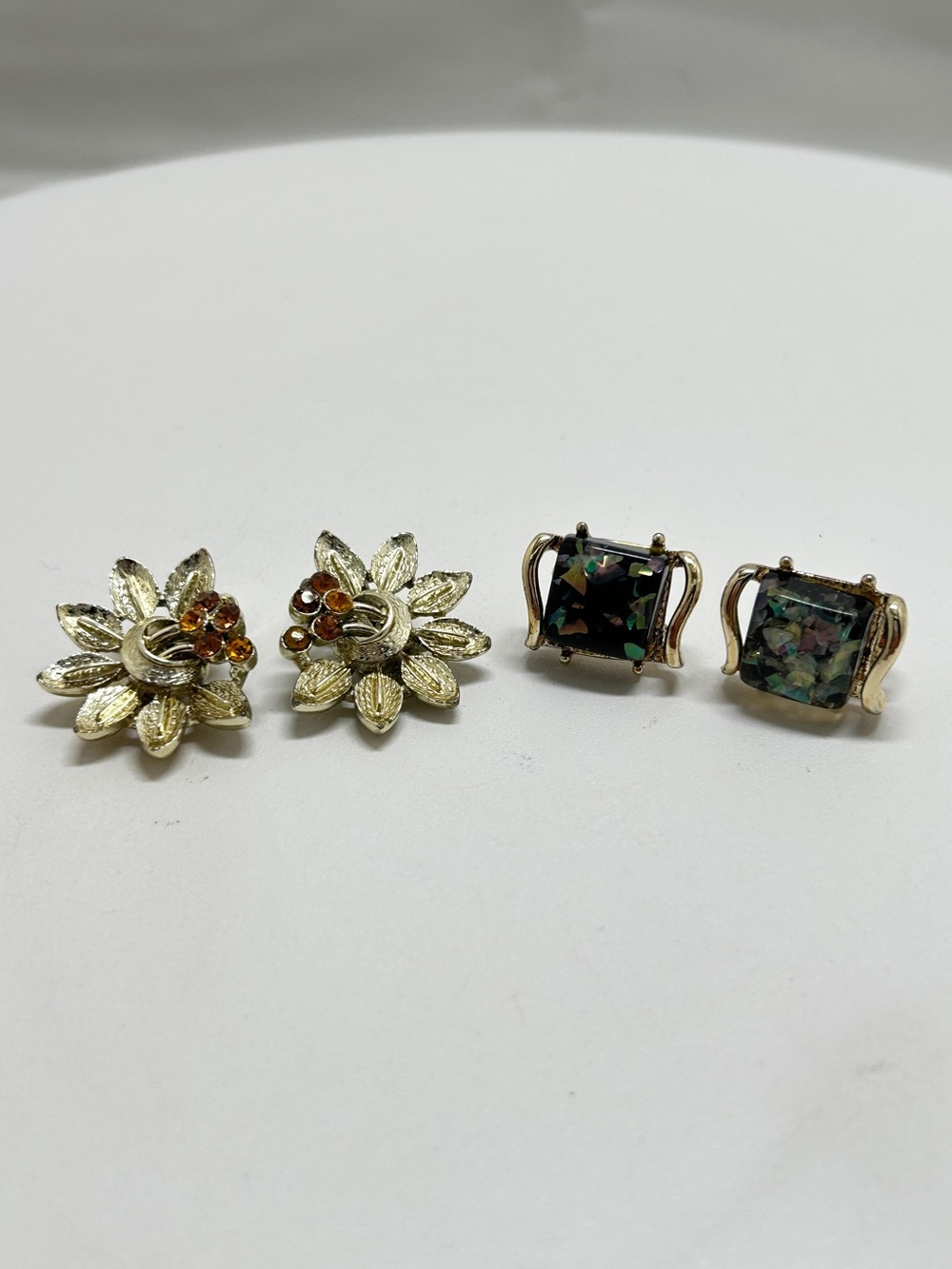 Coro, 2 Pairs Vintage Clip Earrings, Gold, Silver, Confetti Lucite, Crystal